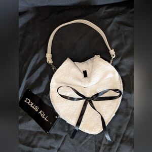 Dolls Kill White Embroidered Bag with Black Ribbon